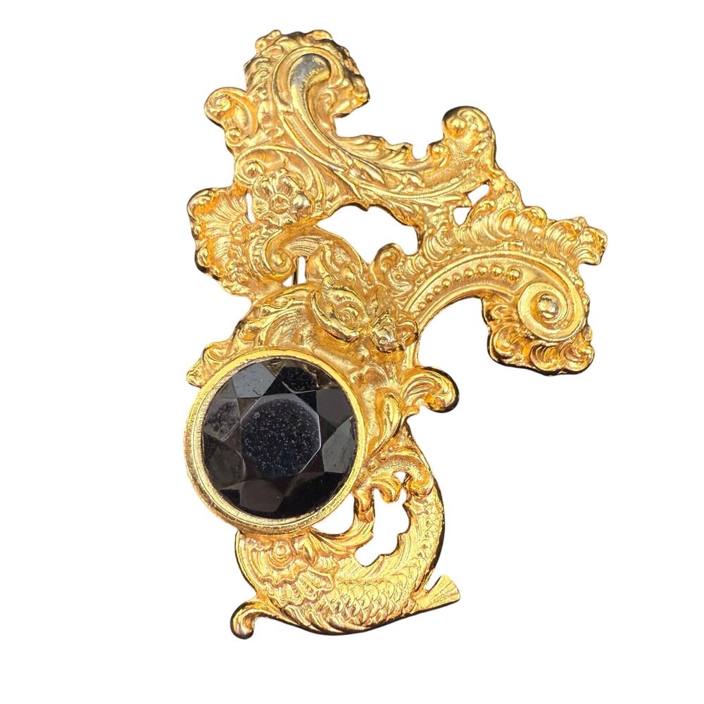 Vintage Baroque Gold Tone Black Cabochon Koi Fish Swirl with Koi Brooch Pin